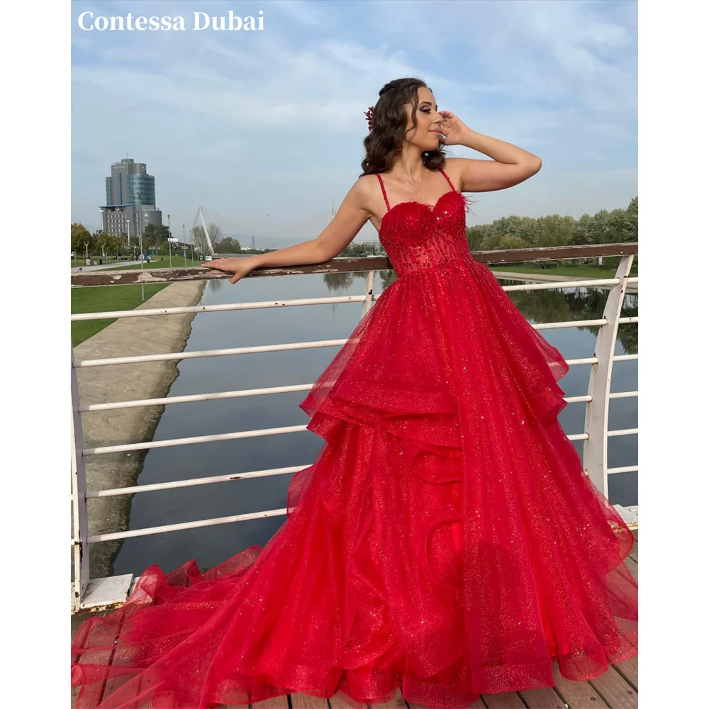 Contessa Custom Red Sweetheart Evening Dress Corset Straps Prom Dresses Sheer Beaded Vestidos De Noche Ball Gown Formal Evening