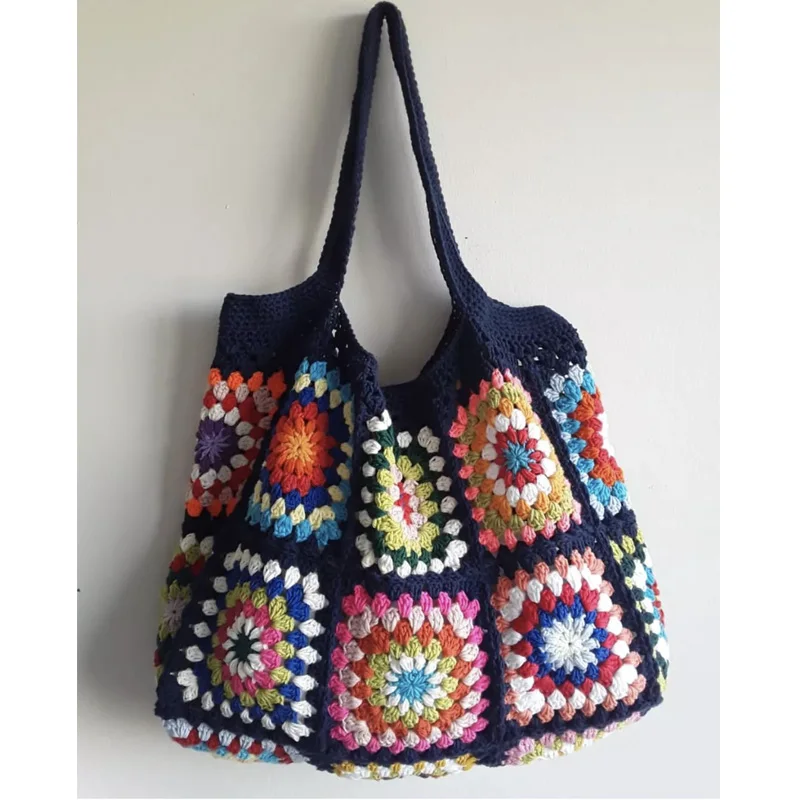 Navy/White Granny Square Crochet Woven Shoulder Bag Colorful Flower Checked Cute Purse Boho Hippie Handbag For Women