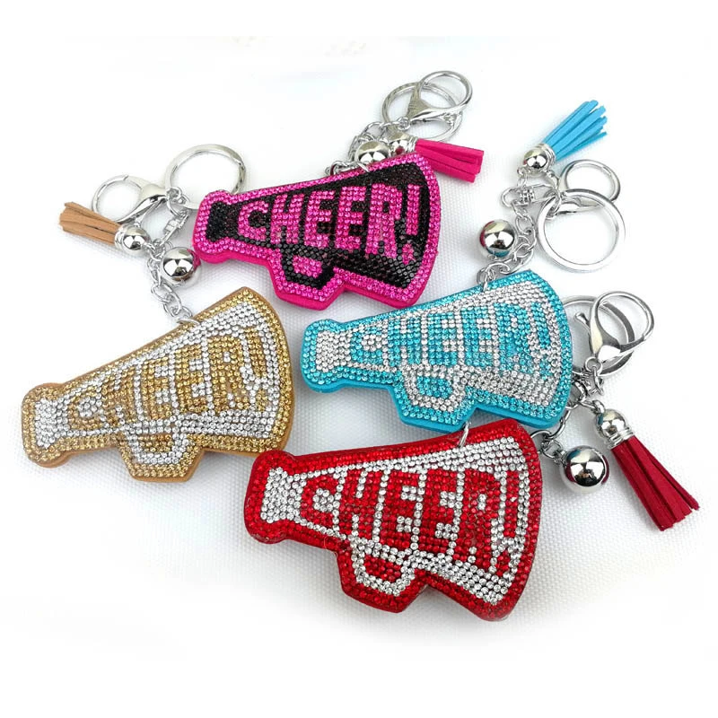 Full Crystal Word CHEER Keychain Leather Tassel Keyring Holders Rhinestone Key Chains Rings Women Bag Car Pendant Gift