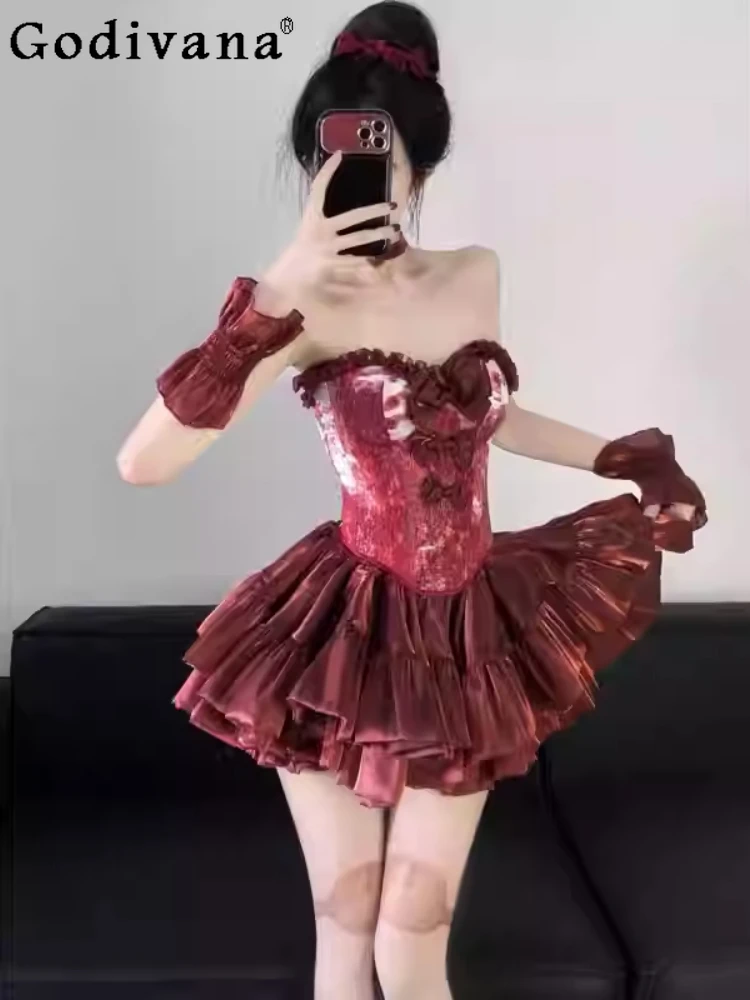 

Temperament Slim Strapless Sweet Bow Ruffles Slash Neck Tops Heavy Industry High Waist Short Cake Skirt Christmas Halloween Sets