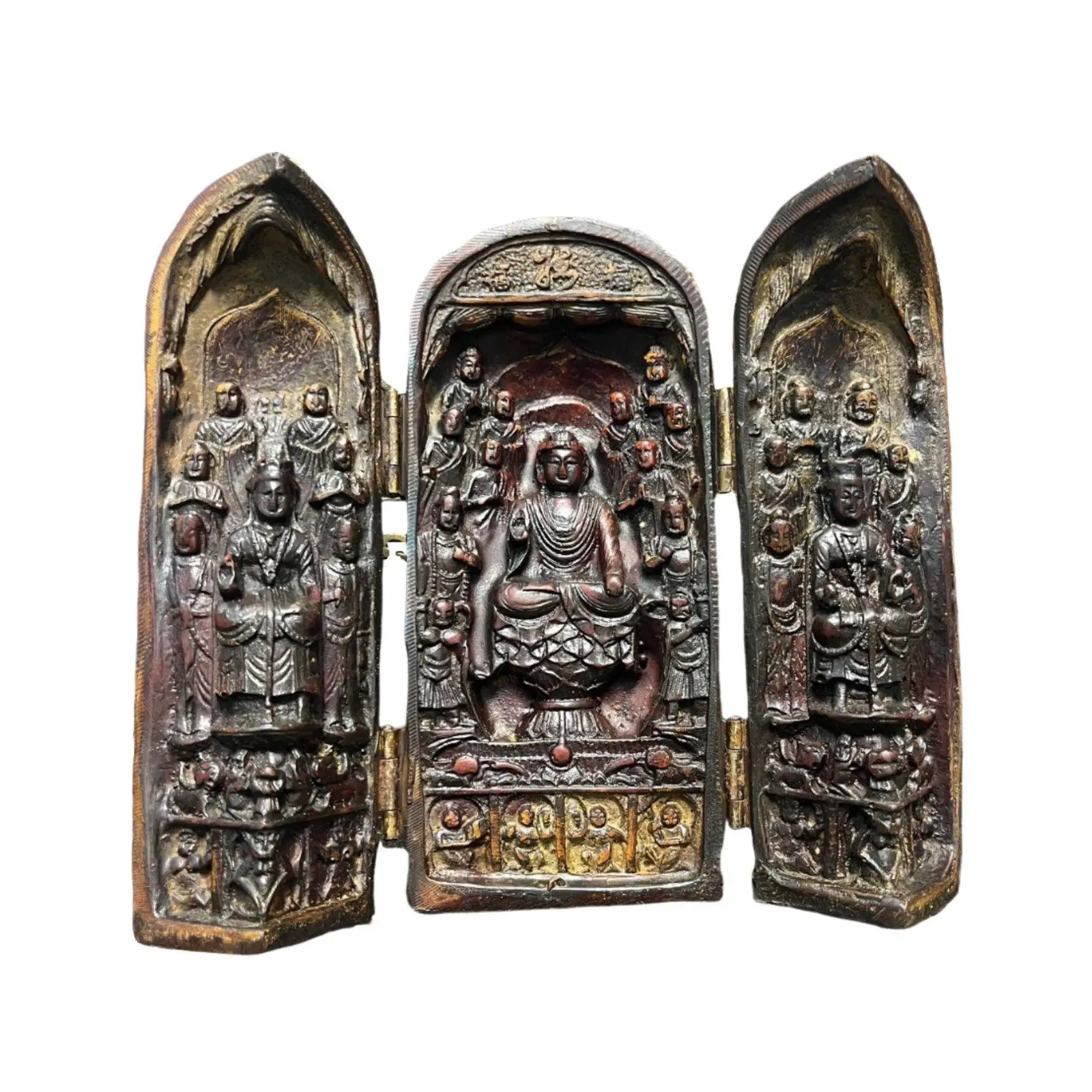 Antique Vintage-Inspired Buddha Shrine Expressive Pattern Triptych Buddha Altar