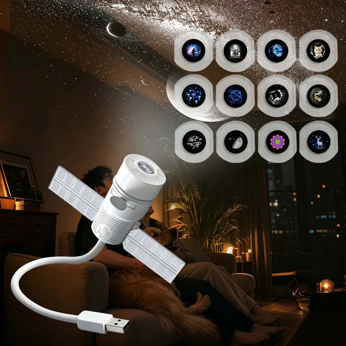 2-in-1 Projector Night Light,USB Projector with Adjustable Brightness, Mini LED Projection Lamp for Bedroom Ceiling Wall Decor