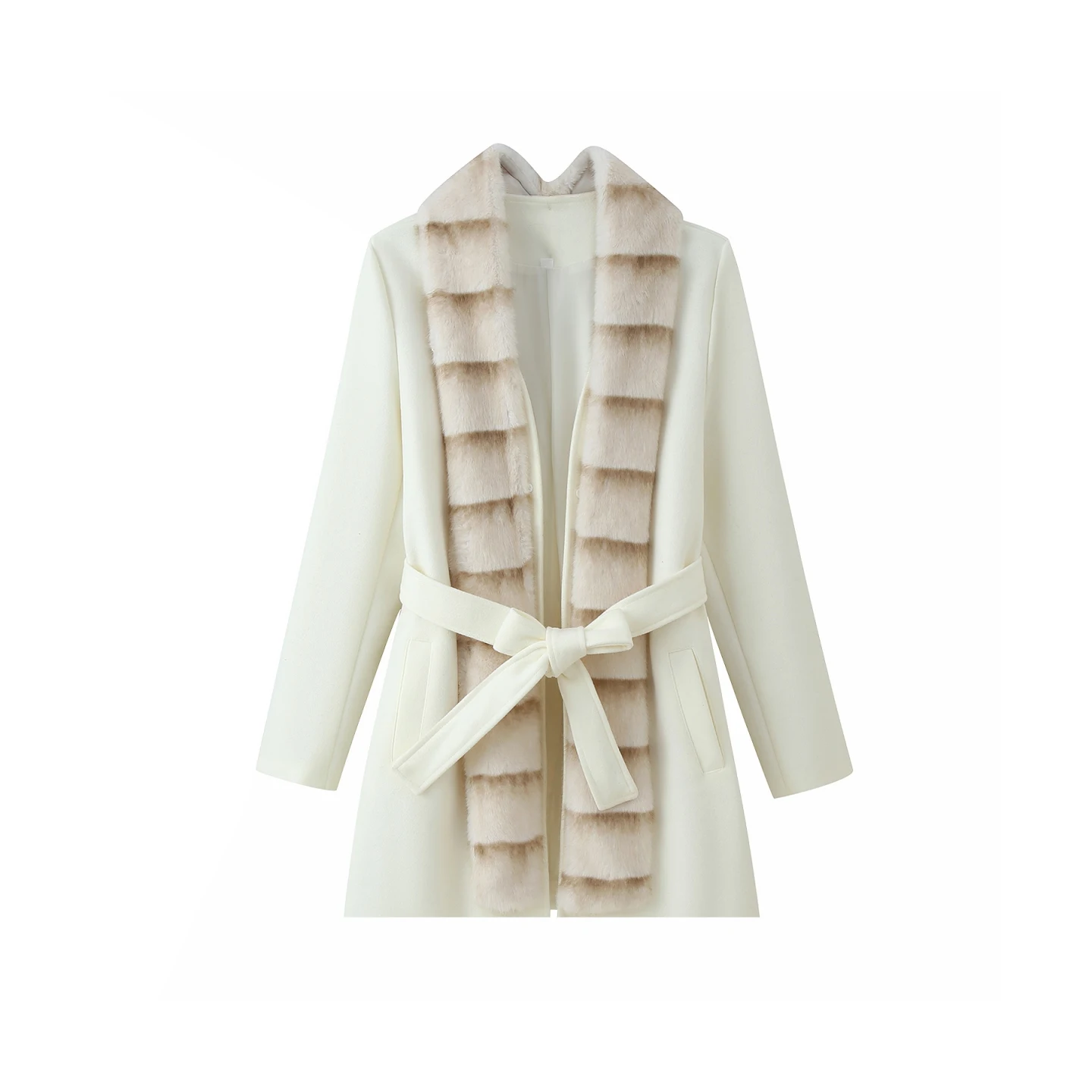 Ele Lange Wollen Jas voor Vrouwen Herfst 2025, Faionable Decoratieve Bontkraag Veelzijdige Sli Quali Merk Z