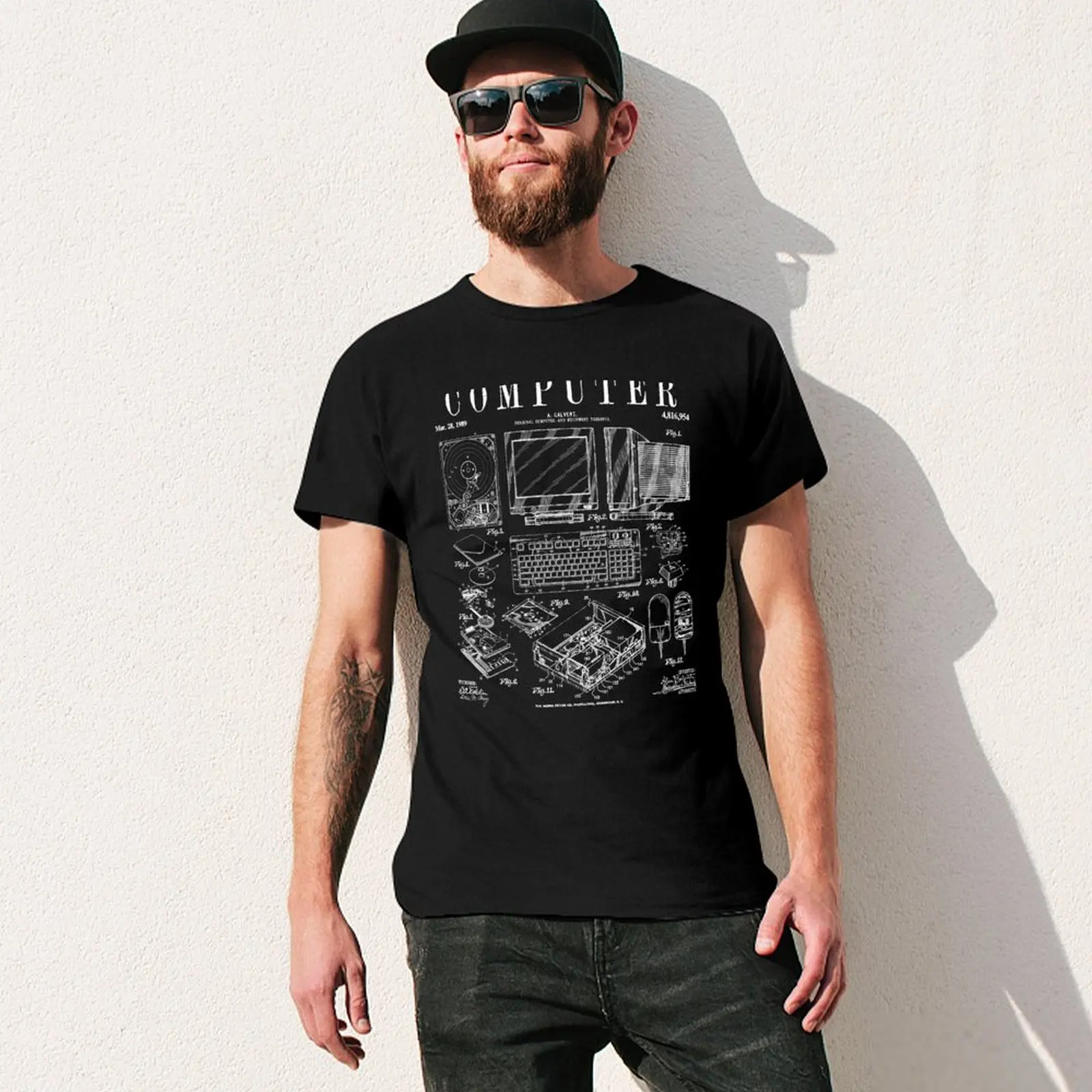Computer Gamer Geek Vintage IT PC Hardware Patent Print T-Shirt Work Duty Casual T-Shirt view 3