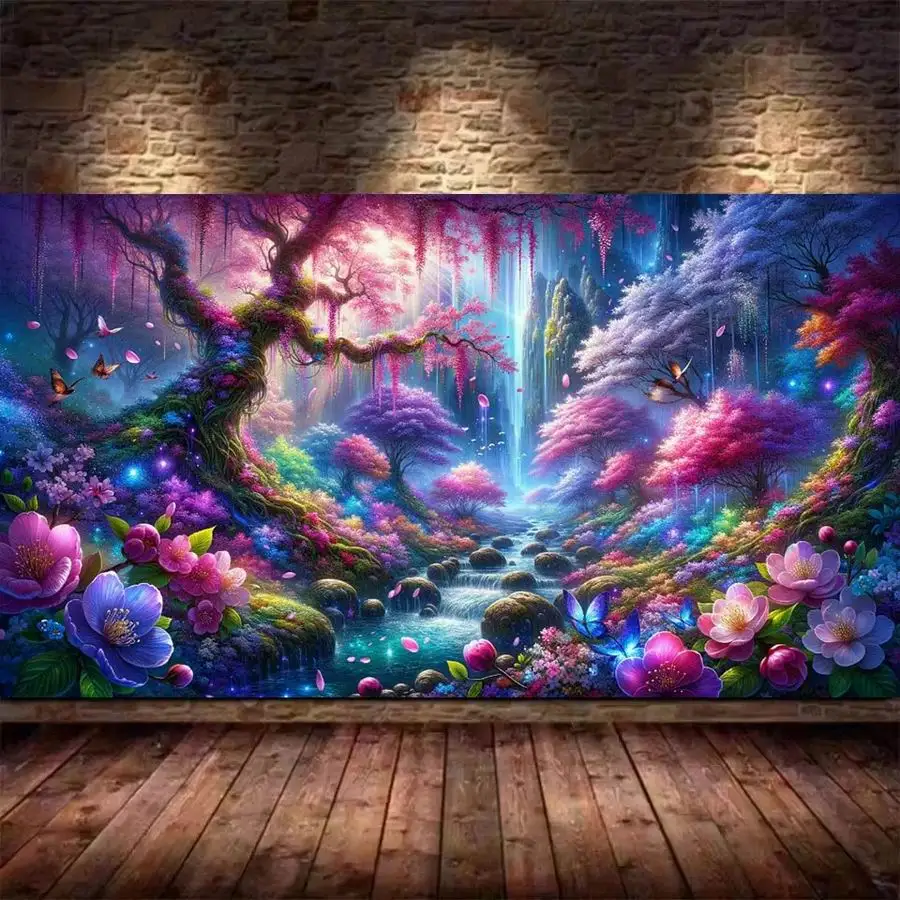 Fullcang Large Size Diy Diamond Painting Forest Colorful Flowers River Landscape Full Mosaic Embroidery Picture Wall Decor