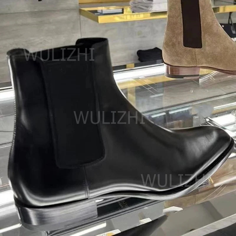 Botas masculinas de camurça marrom estiramento de couro preto casual tornozelo bezerro botas meninos legal dedo do pé redondo conciso desportivo cinza retalhos sapatos