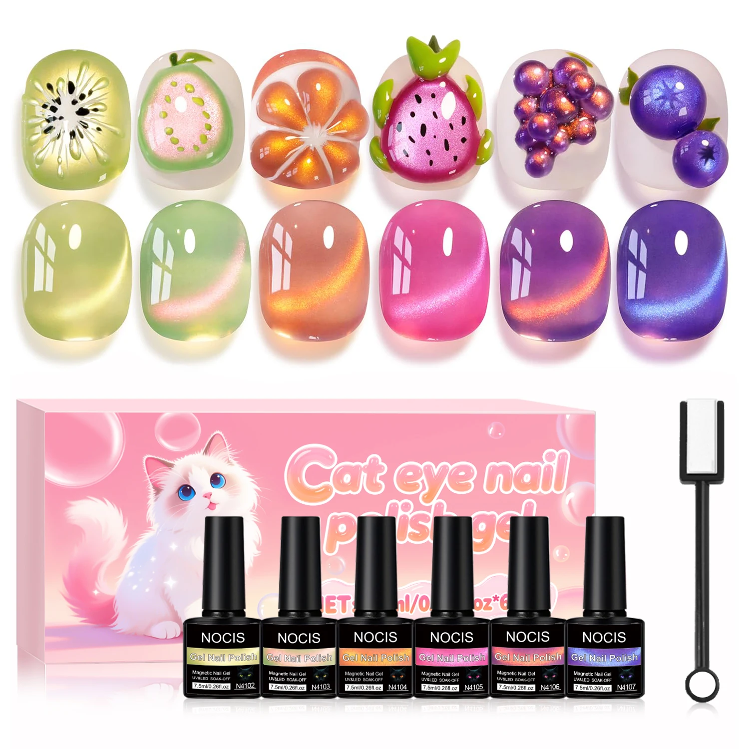 طلاء أظافر جل للعين مكون من 6 قطع - كيوي أخضر فاتح، عنب أرجواني، توت أزرق، كرز وردي، ليمون أصفر، جزر برتقالي، كمثرى