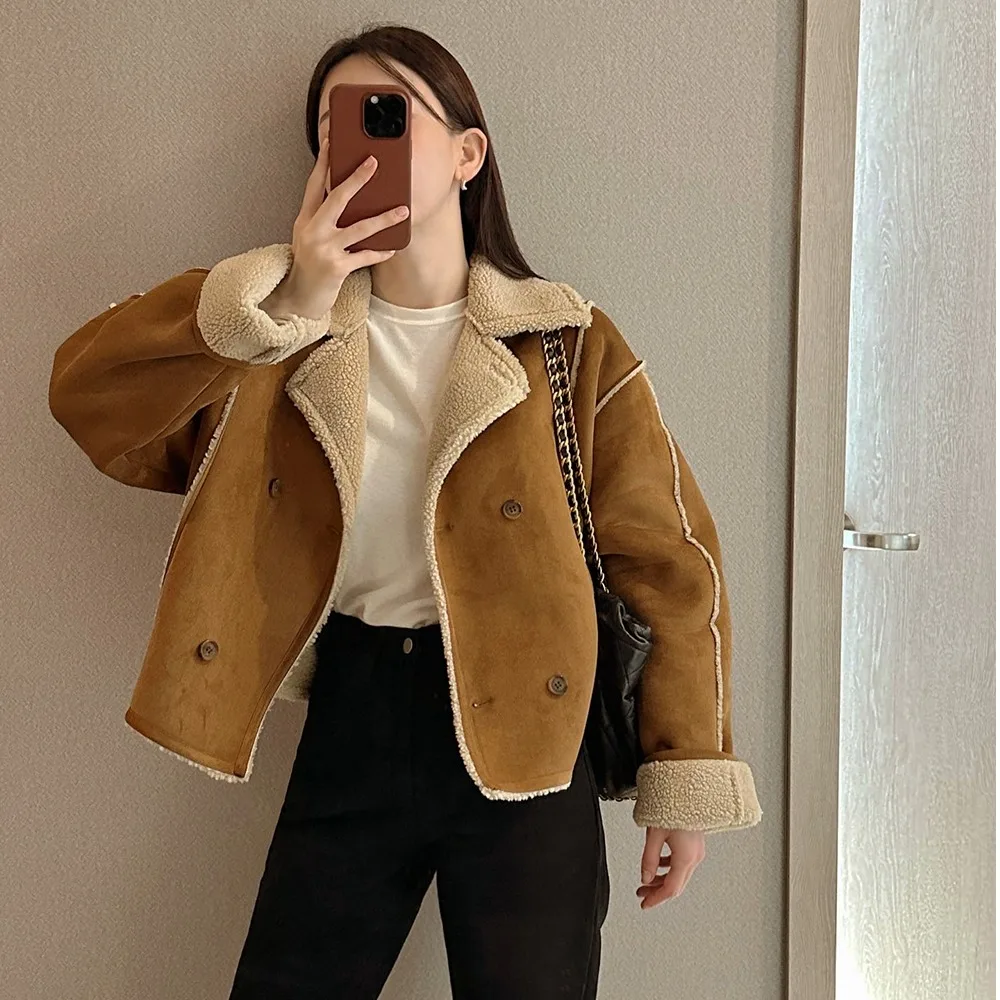 Chique Retro Suede Lange Sve Double Breasted Jas Dames Faion Koreaanse Sle Lente Herfst Winter Nieuwe Collectie Bovenkleding