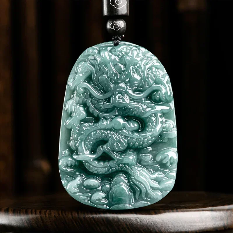

Jiale/Hand Carved/Natural Emerald Blue Water Domineering Dragon King Jade Necklace Pendant Fine Jewelry Men Women Gift Amulets