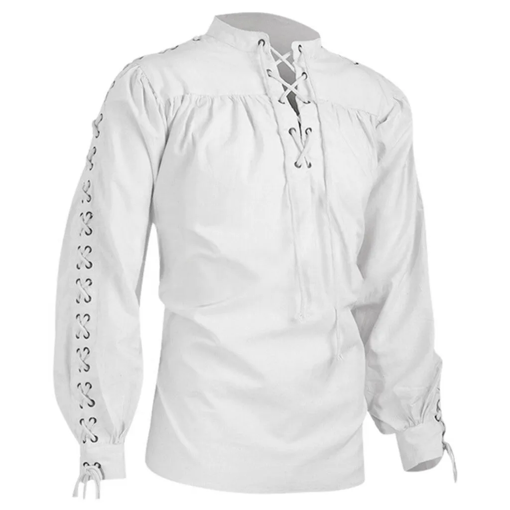 Pop 2025 Shirts Men Tunic Viking Pirate Costume Gothic Clothes Men Vintage Shirt Ruffle Neckline Drawstring Knight Cosplay Top