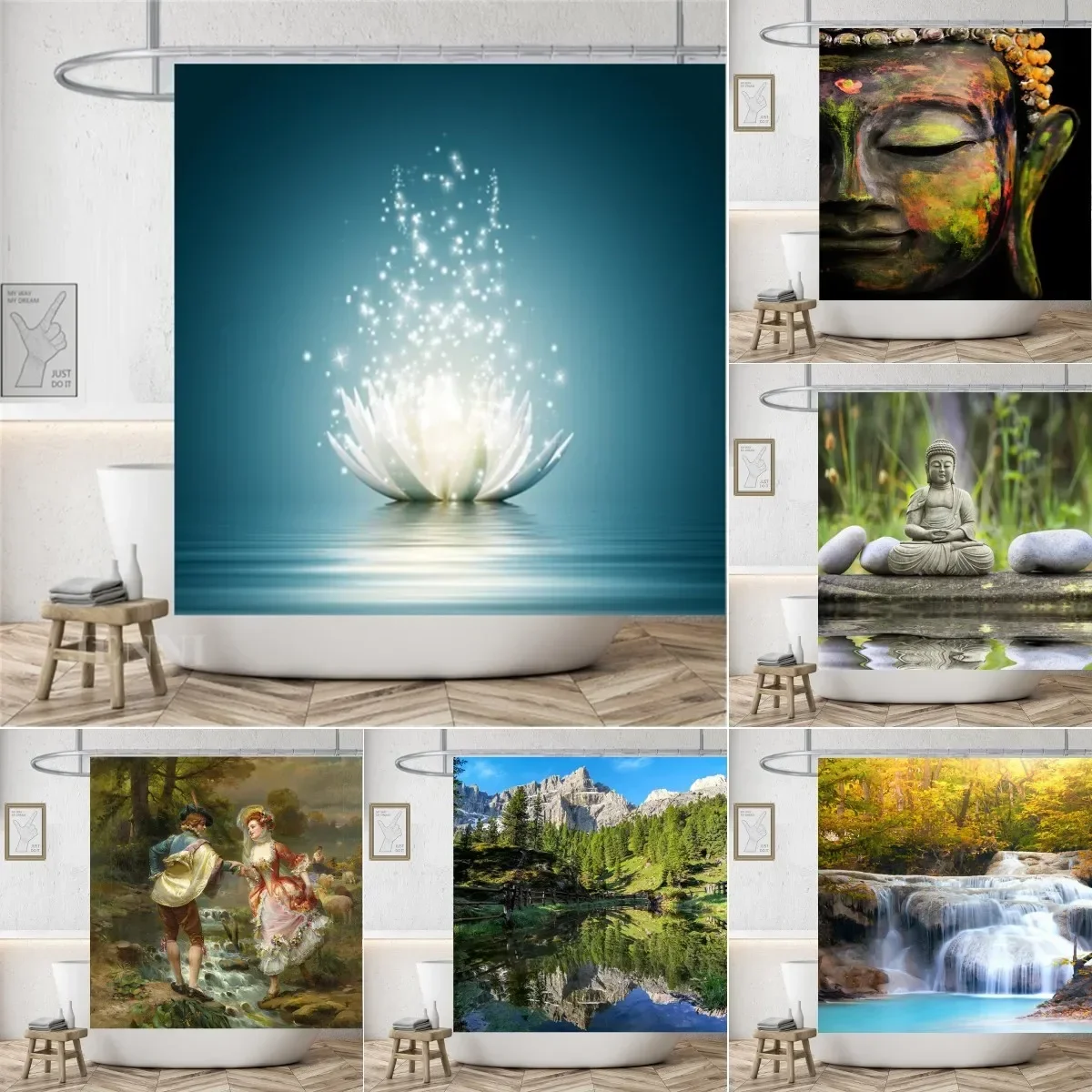 Buddha Shower Curtain Bathroom Curtain Fabric Waterproof Polyester Rural Landscape Creek Stone Lotus Bathroom Curtain with Hooks