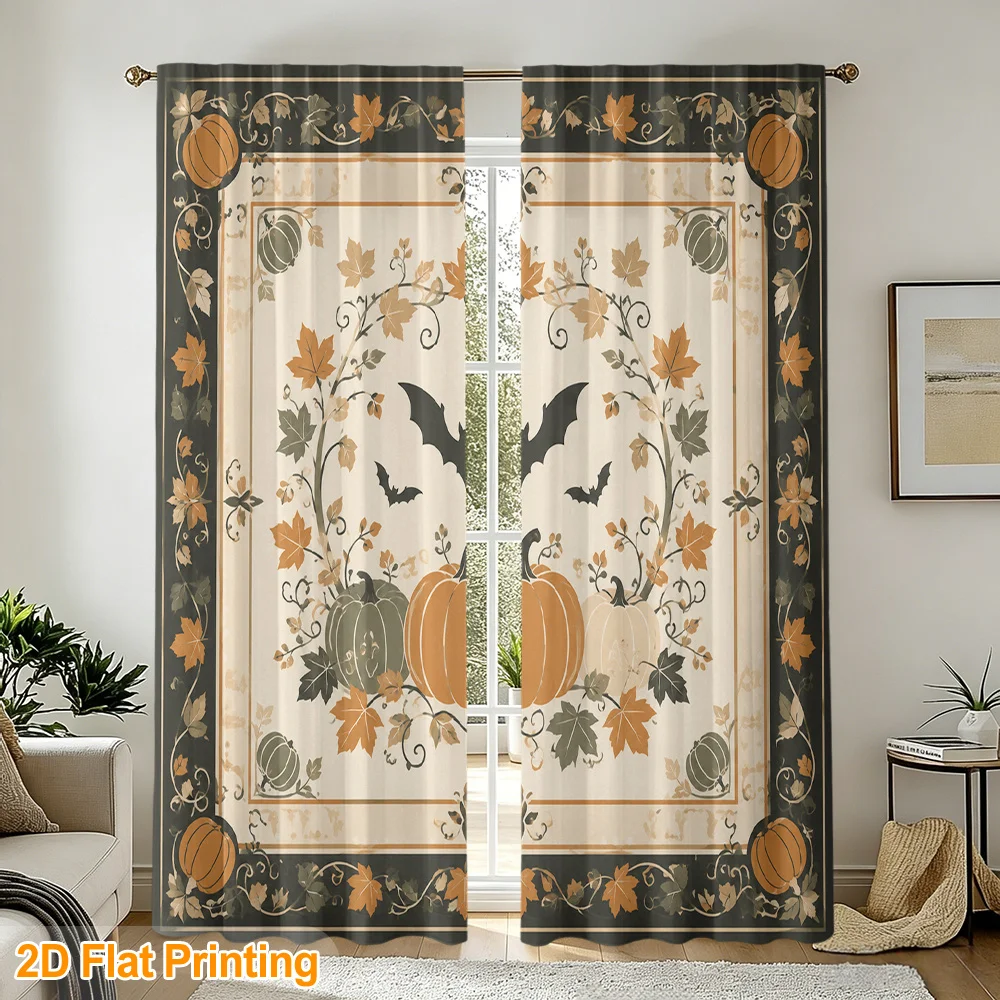 2PCS Digital Print Curtains, Halloween Vintage Border Pumpkin Bat Vine Pattern, Cute Cartoon Style for Living Room ／ Playful