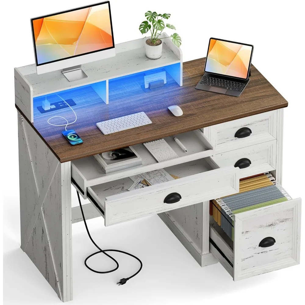 

Computer Desk with Monitor Stand, 47 in Farmhouse Home Office Desk with LED Lights Power Outlets, Executive Desk with Storage fo