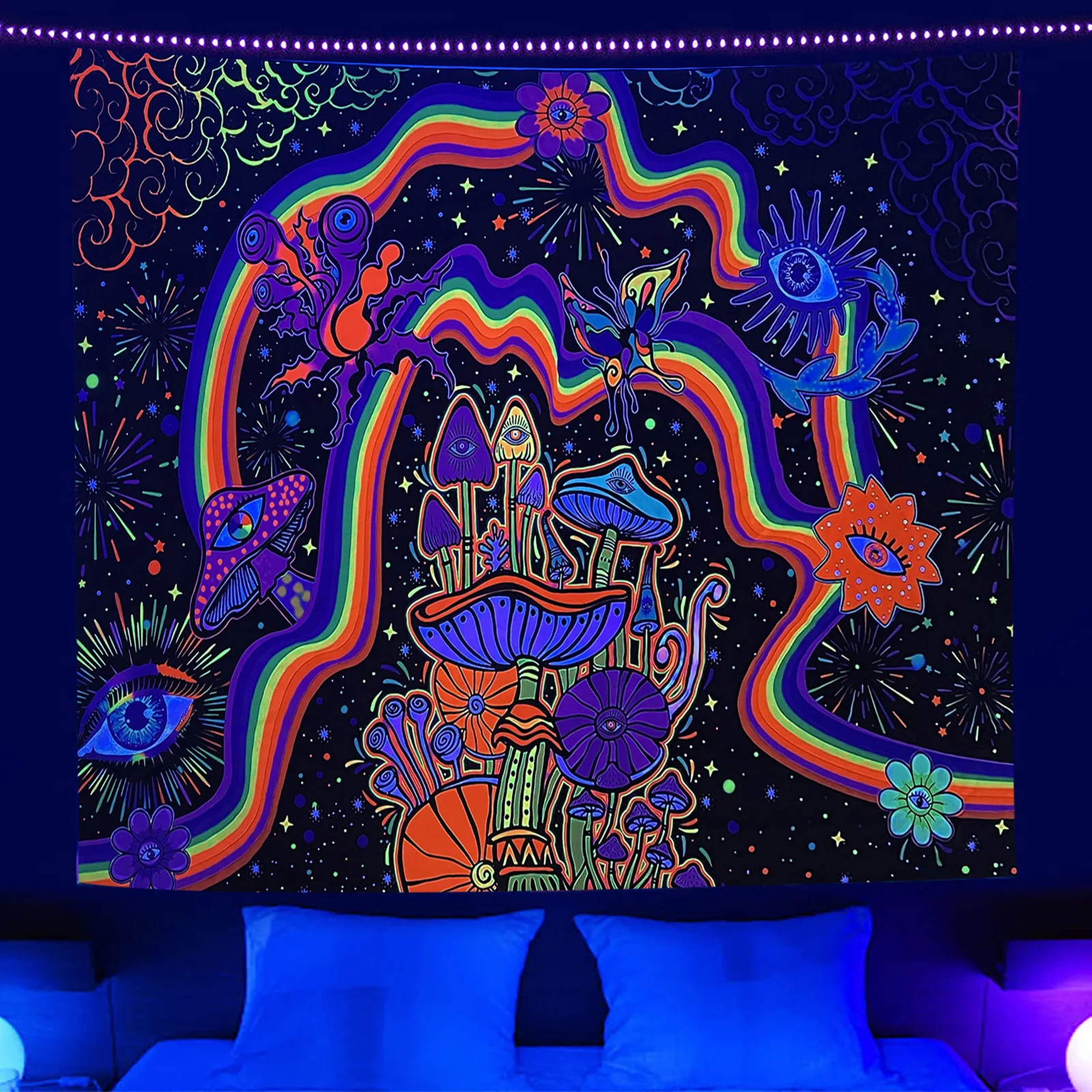 Mushroom Blacklight Tapestry UV Reactive Hippie Tapestrys Wall Hanging Glow In The Dark Fluorescent Tapestries Home Decor