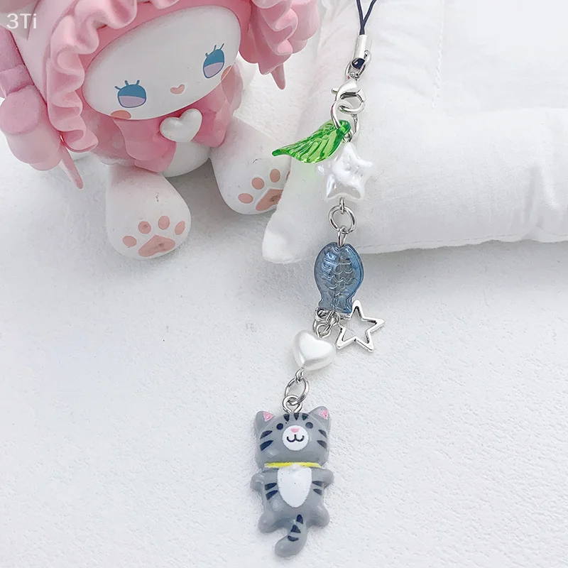Y2K милый ремешок для телефона с котенком, свежий сладкий бисер, цепочка для мобильного телефона, подвески для мобильного телефона для девочек, брелок, подвеска для камеры