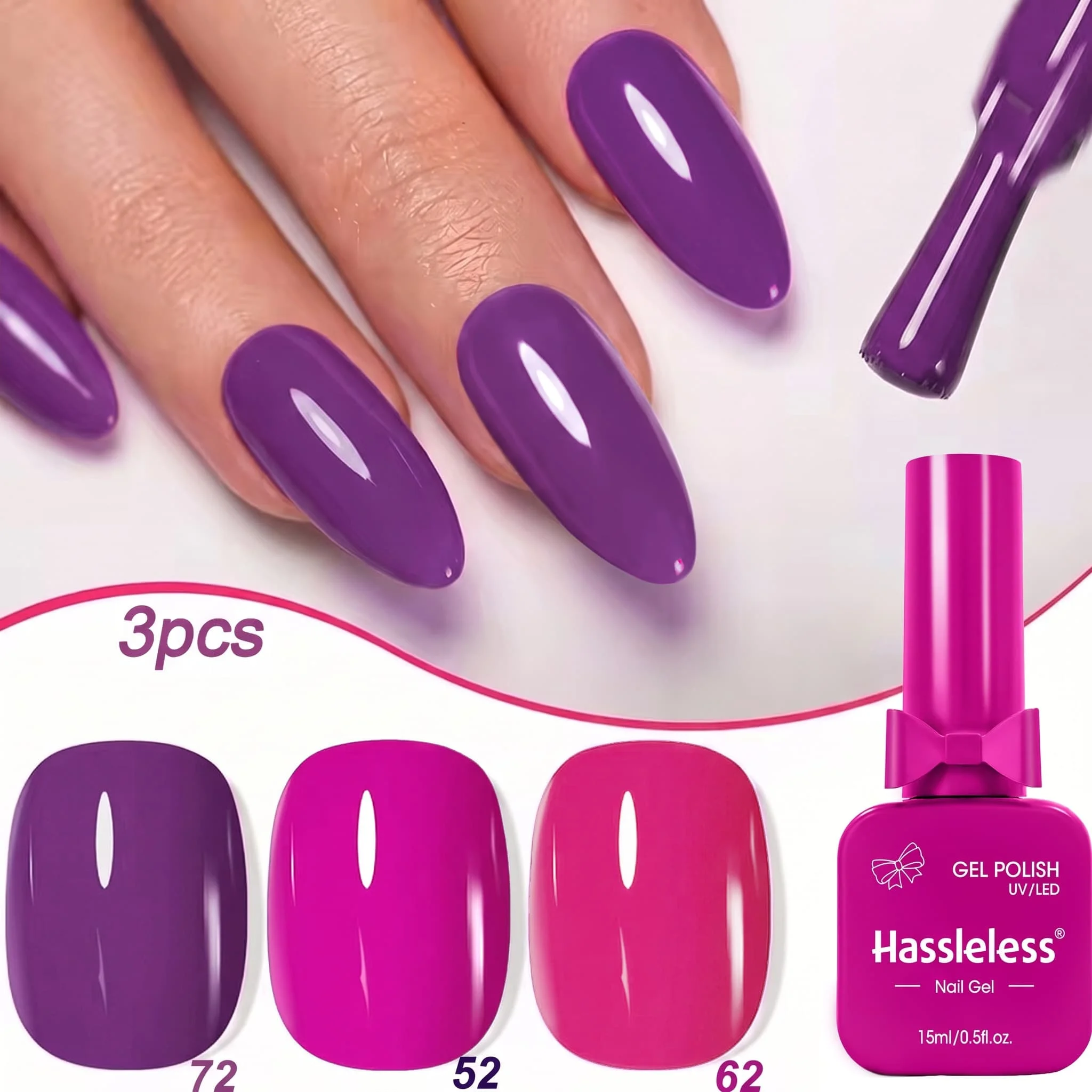 Hassleless 3-Pack Purple Rose Nail Polish Gel, Deep Purple Rose Red Dragon Fruit Purple Solid Color Nail Polish Gel, Mirror-Like Shine with Even Color Application, Eye-Catching and Brightening, Suitable for Home Salon