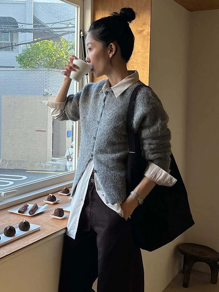 

Женский вязаный открытый кардиган из шерсти альпаки, круглый свитер на пуговицах, чистый цвет, ленивая мода, зима 2024 г.