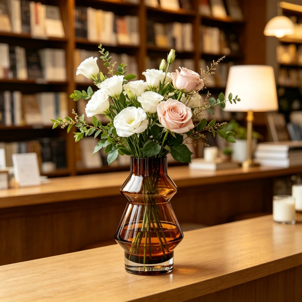 Vintage Amber Glass Vase Unique Geometric Shape Glass Flower Vase Hydroponics Fresh Cut Flowers Home Bookstore Decoration