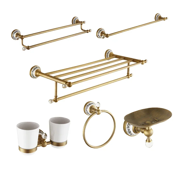 Antique Brass Bathroom Accessories Classic Hotel Ceramic Bath Gift Set Vintage Bath Towel Set