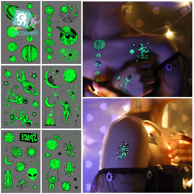 Luminous Temporary Tattoos Sticker For Kids  Astronaut Universe Planets Star Space Man Animals Tattoos For Children Waterproof