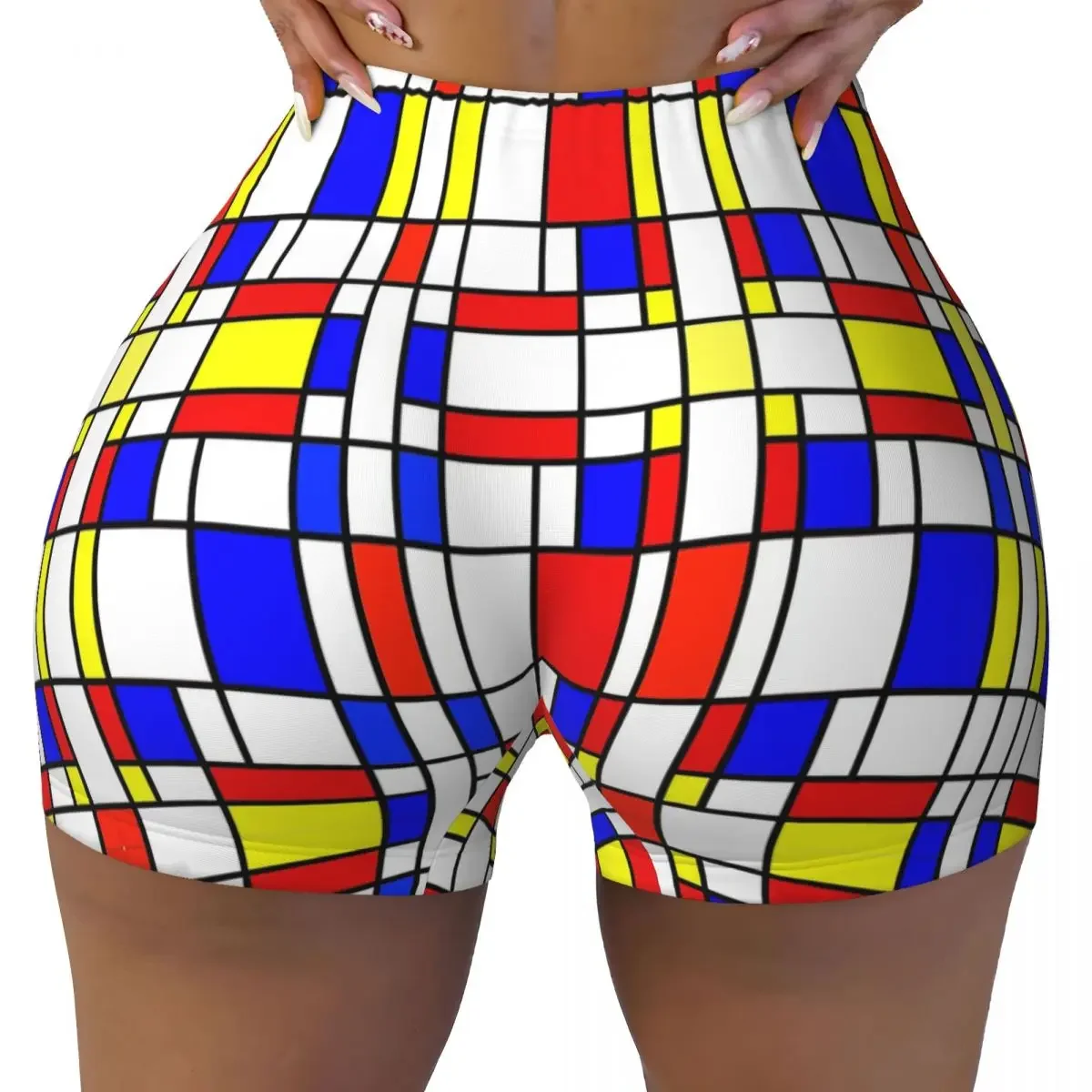 Custom Piet Mondrian De Stijl Yoga Shorts Women Gym Workout Running Athletic Volleyball Biker Shorts
