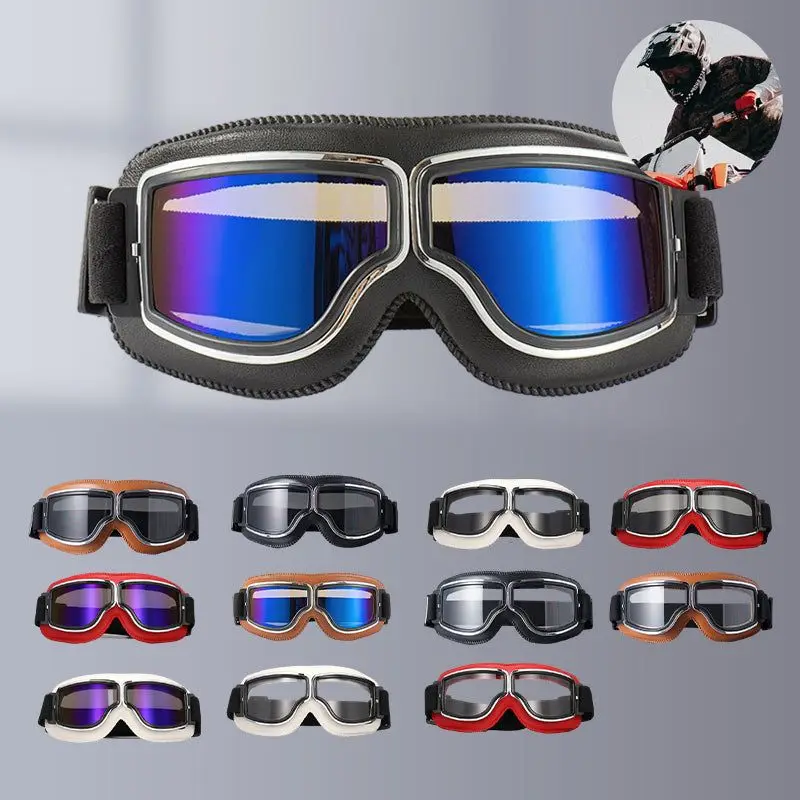 Motocicleta vintage capacete óculos, óculos dobráveis, scooter ATV e esqui óculos, óculos, lente de couro 4 cores, 3