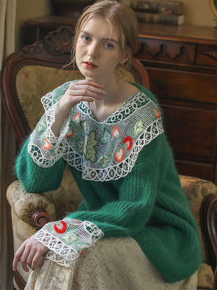 AIGYPTOS Pullover Sweaters Women Fall Winter Vintage Christmas Green Wool Knitted Sweater Antique Lace Crochet EmbroiderySweater