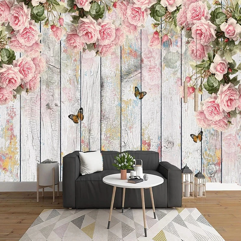 Custom Mural 3D Pink Flower Bird Butterfly Wooden Board Bedroom Romantic Decor Wallpaper restaurant Living room TV background 8d