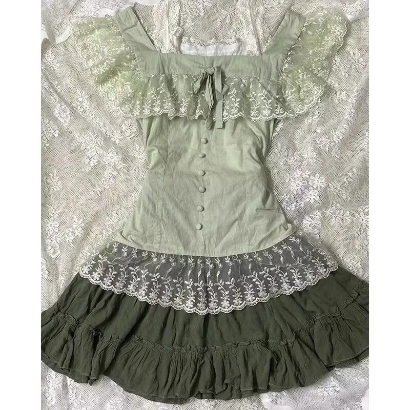 

Summer Lolita New Lace 2-piece Set Women Vintage Design Square Neck Green Kawaii Tops Retro Casual Elastic Waist Y2k Mini Skirt