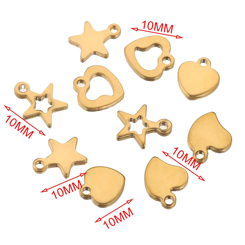 20pcs/lot Stainless Steel Gold Plated Heart Star Small Charms DIY Extend Chain Tag Jewelry Making Supplies Bulk Items Wholesale