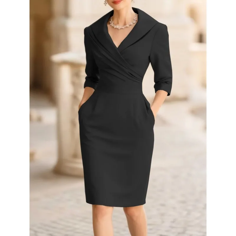 Women Elegant V Neck Midi Dress High Waist Slim Bodycon Pencil Dress Polyester Casual Office Party Dress