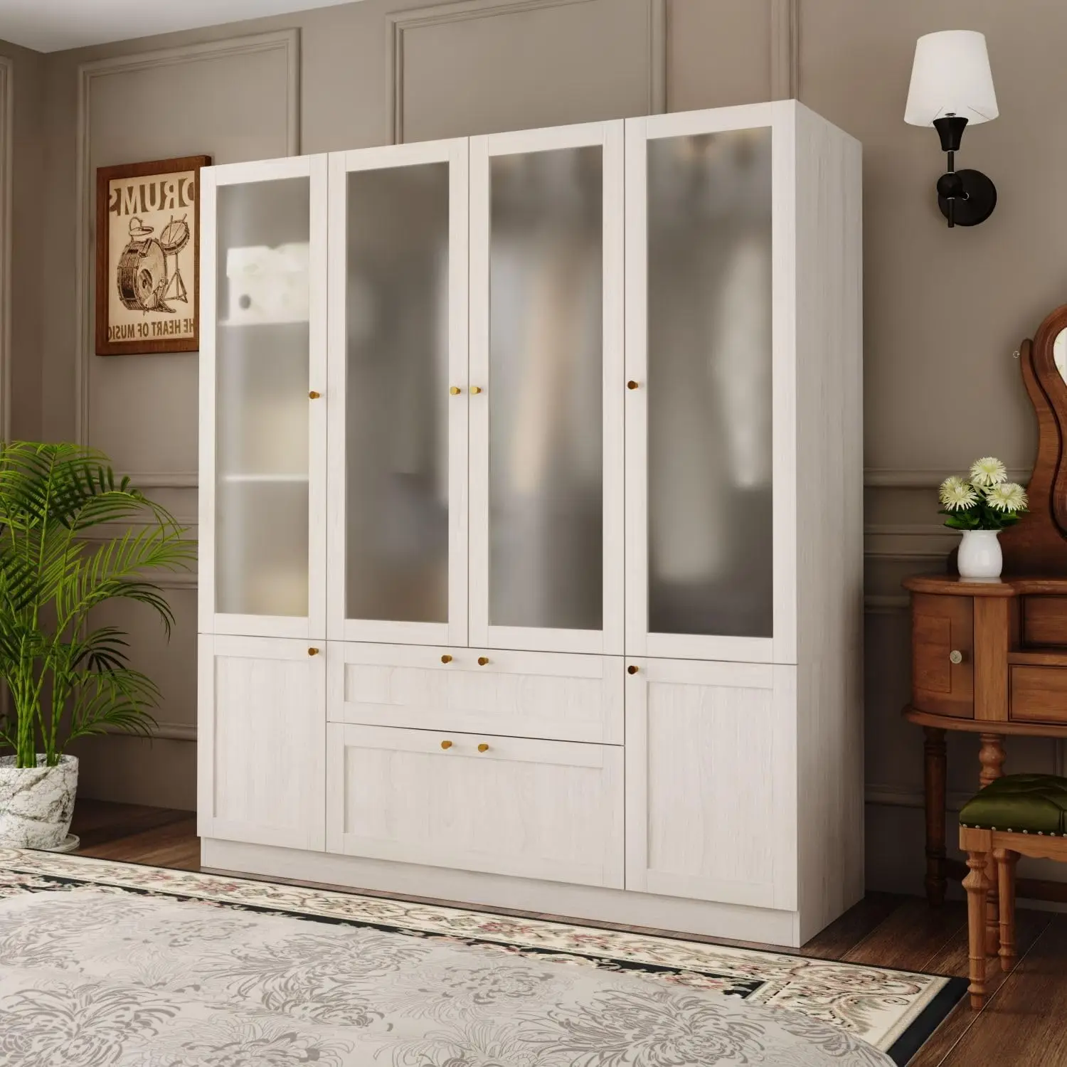 4 Door Wardrobe Armoire Closet , Bedroom Armoire with Frosted , Clothes Wardrobe with Gold Knobs, Wood Grain