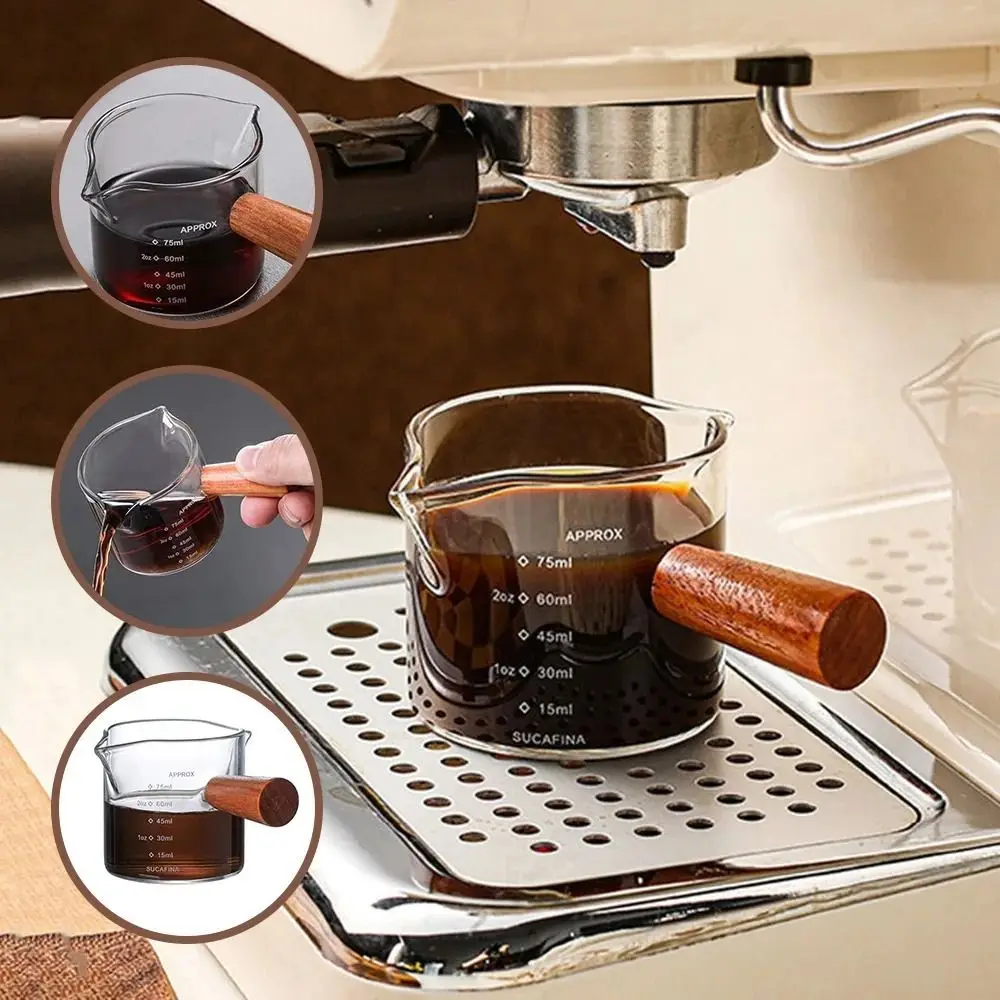 75ml Heat-resisting Glass Espresso Measuring Cup Wood Handle Double/Single Mouth Milk Jug Coffee Supplies Kitchen Measure Mug