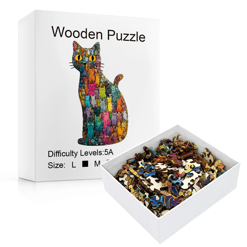 Colorful Cat Shaped Wooden Puzzle Unique Animal Pattern Jigsaw Toy Adult Kids Decompression Intellectual Game Difficult Challeng