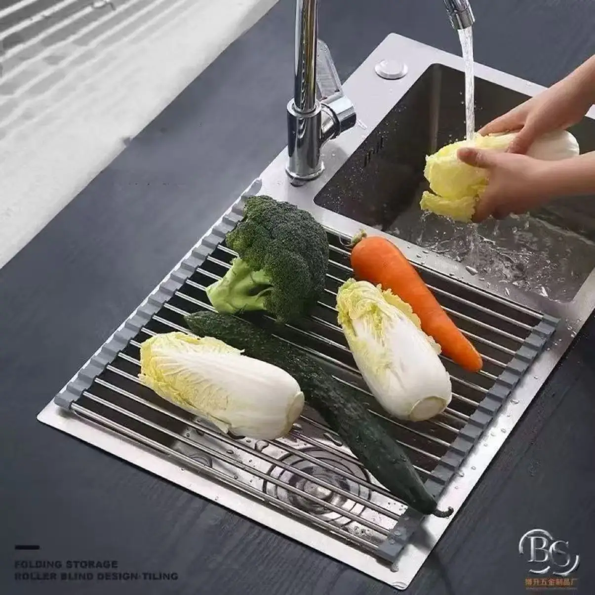 Silicone Stainless Steel Fruit & Vegetable Dish Drainer Kitchen Sink Shelf Kitchen Tools Sponge Holder Kitchen Tools Strainer