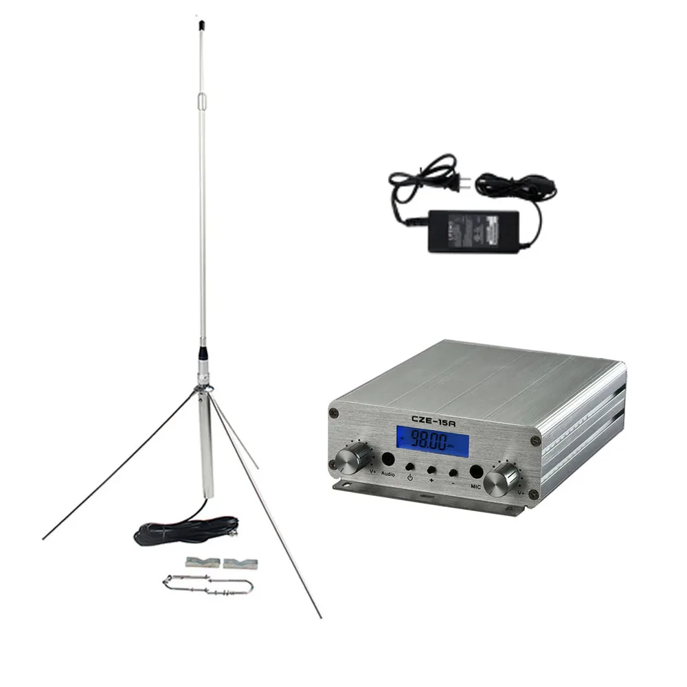 CZE-15A 15W FM Radio Transmitter 1W/15W Long Range Audio Broadcasting Station with GP2 Antenna Cable Kit for Church Customized