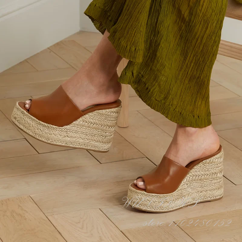 Women Peep Toe Platform Brown Leather Wedge Espadarille Woven Sandals Black Slingback Slippers 12.5Cm Ethnic Style Casual Shoes