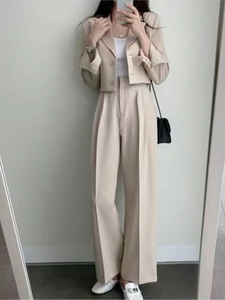 Korean Fashion Women Elegant Casual Business Pantsuits Vintage Chic Crop Blazer Jackets Straight Pants Two Pieces Female Outfits