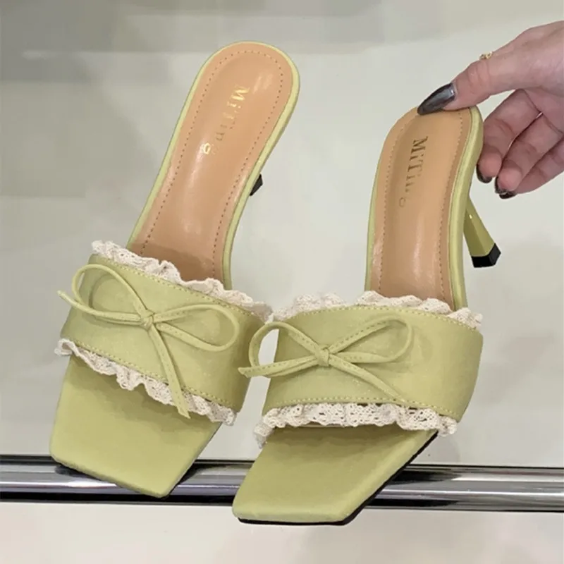 

Elegant Lace Bow Decorated Brand Slipper Women Fashion Square Toe Thin Heel Slide Sandal Sweet Party Dress Shoe Zapatos De Mujer