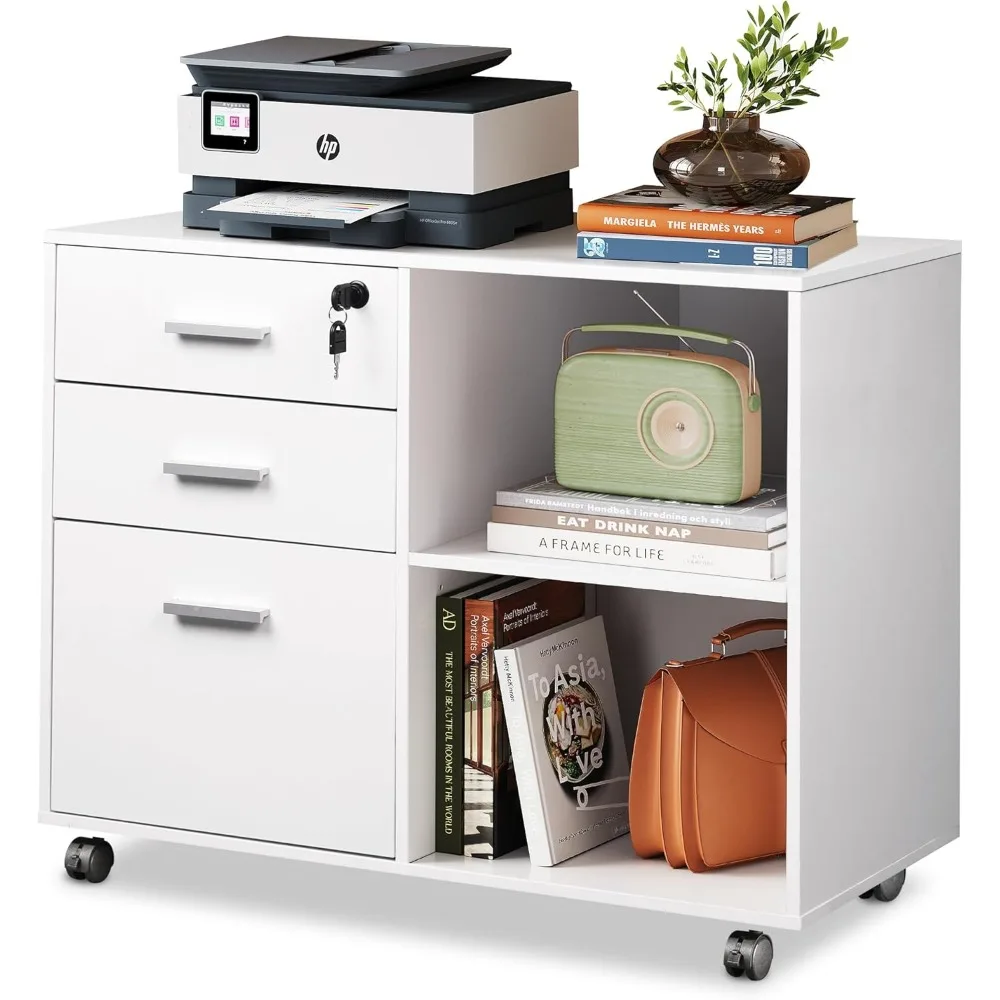 

3-Drawer Wood File Cabinet with Lock, Mobile Lateral Filing Cabinet, Printer Stand with Open Storage Shelves for Home Office