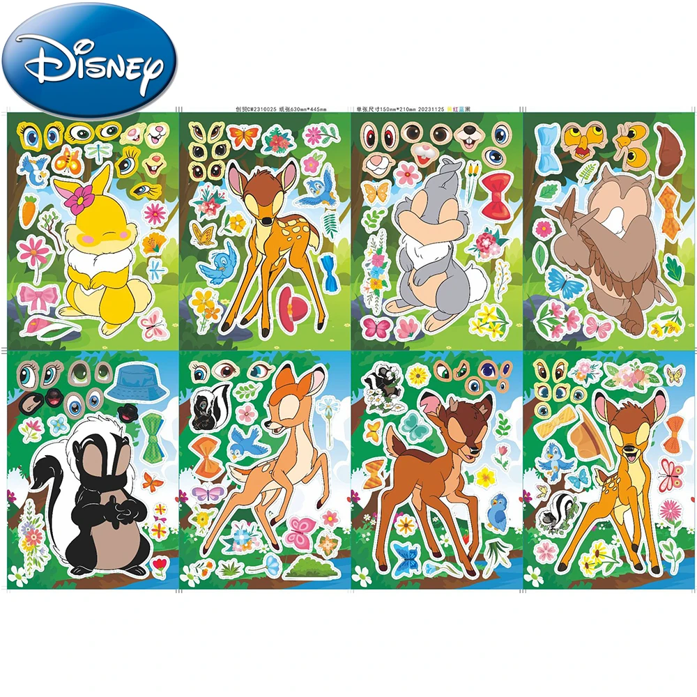 8/16sheets Disney Cartoon Bambi Children Stickers Make a Face DIY Assemble Jigsaw Decals Fun Kids Birthday Party Reward Toy Gift