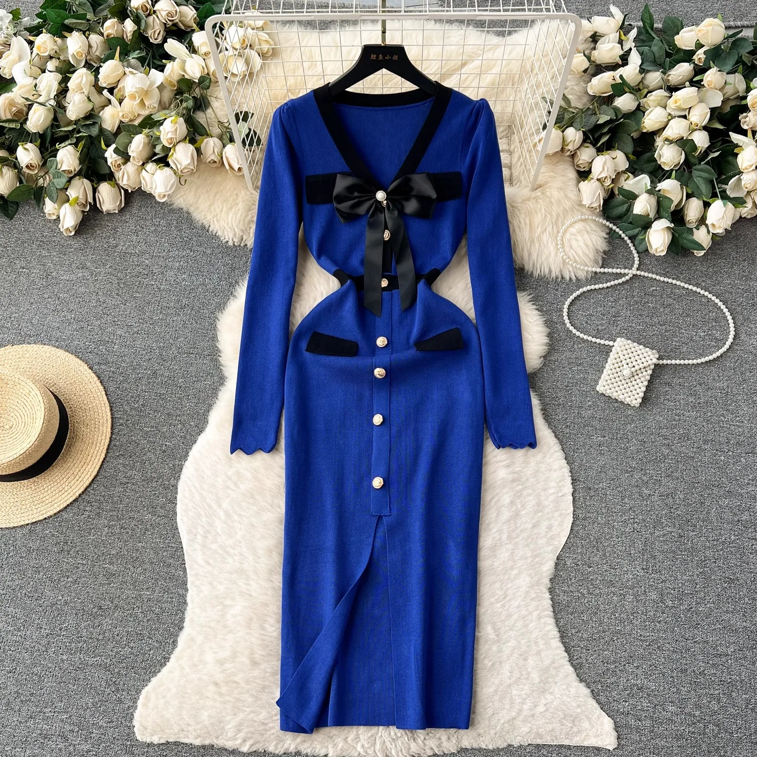 YuooMuoo Elegant Bodycon V-neck Bow Dress Women Autumn Winter 2024 Long Sleeve Front Split Office Lady Dress Chic Party Vestidos