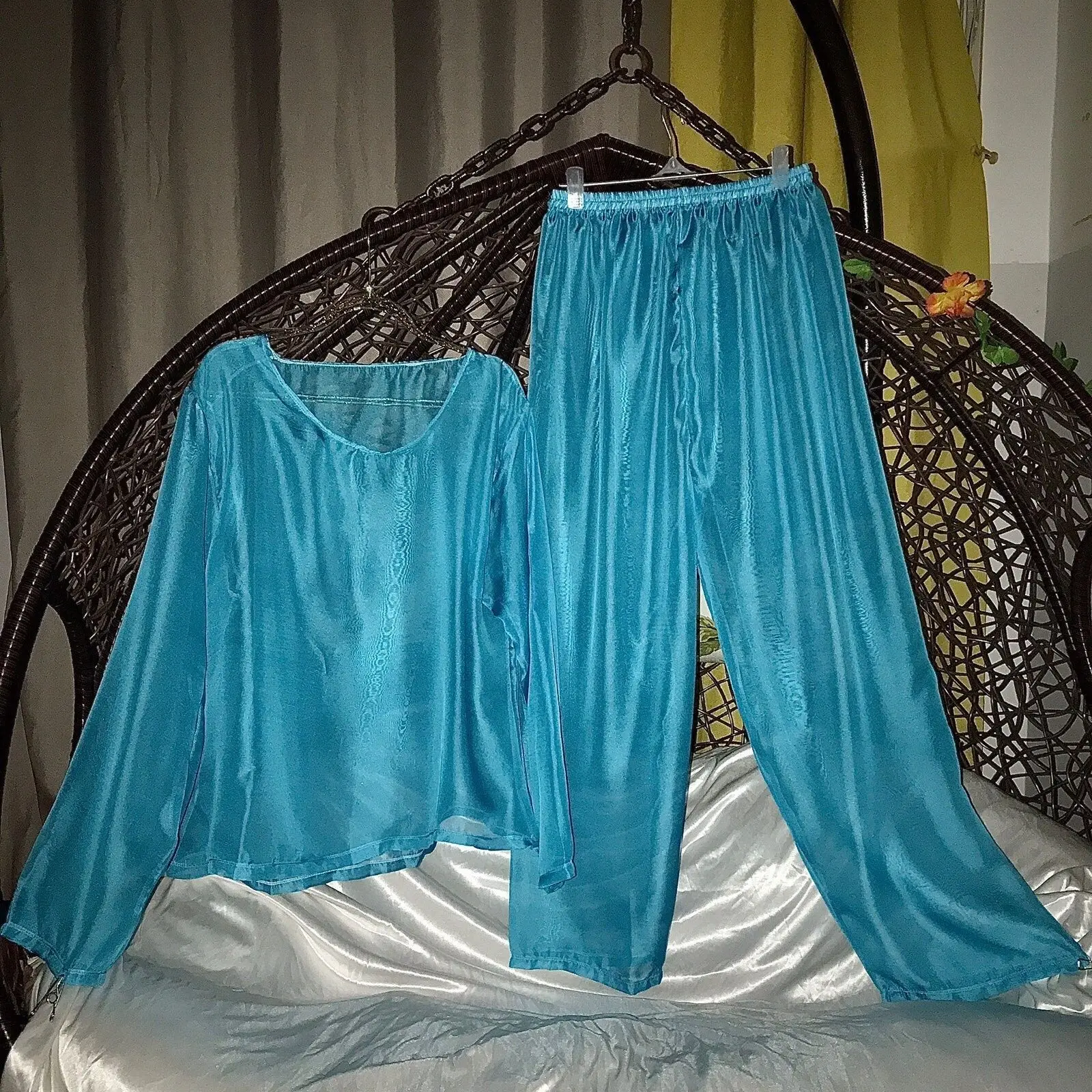 طقم مكون من قطعتين من شبكة تول لامعة للجنسين بأكمام طويلة وسراويل نوم سفلية #1