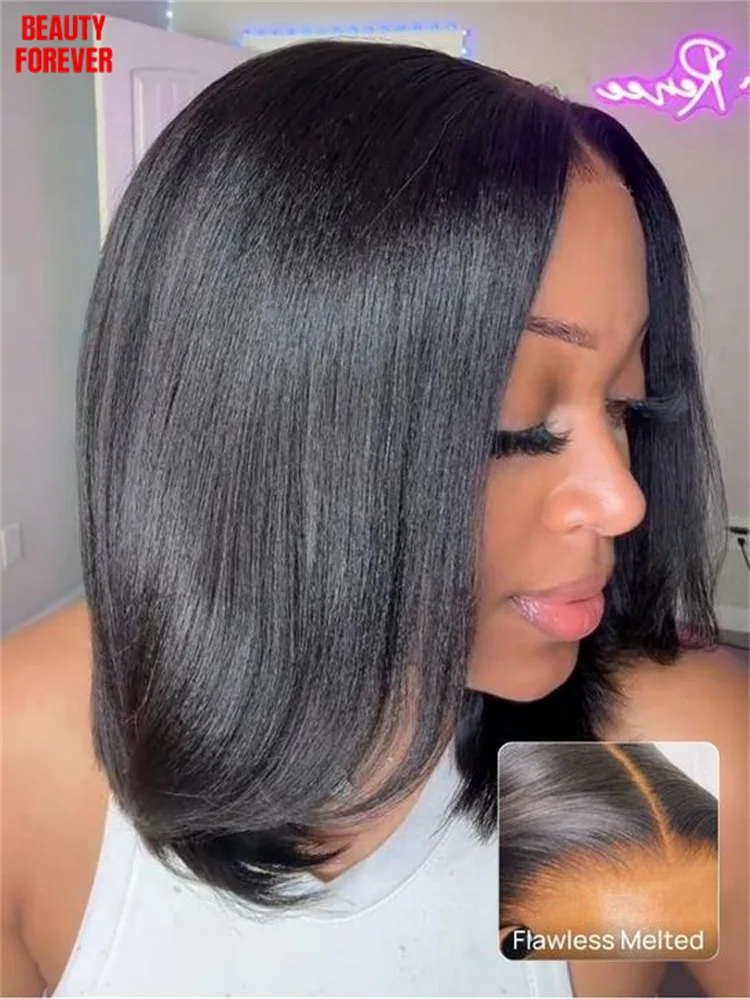 

Парик Beautyforever Light Yaki Straight Gluleless Bob с прямой стрижкой и прядями, подчеркивающими овал лица, 7x5, с предварительно нарезанным кружевом, короткий парик-боб из натуральных волос, 180% плотность