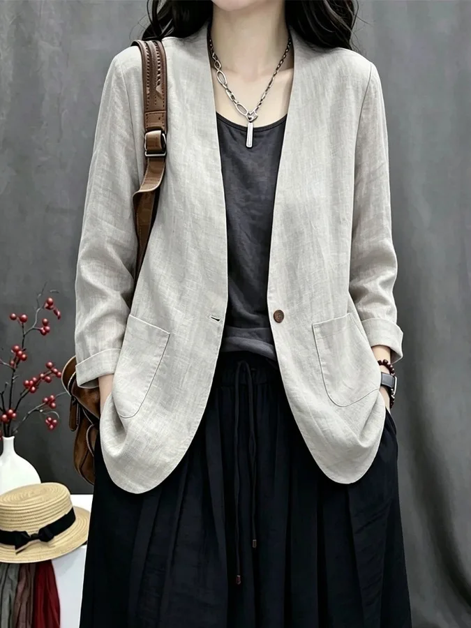 Casual Cotton Linen Long Sleeve Suit Jacket V Neck Double Pocket Women's plus Size Color Autumn 2026 Fashion Outerwear