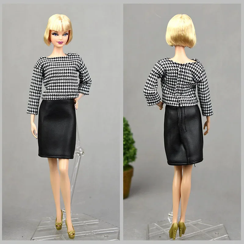 Fashion Houndstooth Long Sleeve Shirt Leather Skirt For Barbie Doll Clothes Set Handmade Outfits 1/6 BJD Accessory Kids DIY Toy