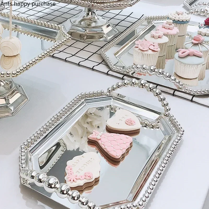 Dessert Table Metal Decorative Display Rack Glass Candy Jar Silver Pearl High Foot Cake Pan Dessert Plate Storage Tray Vase