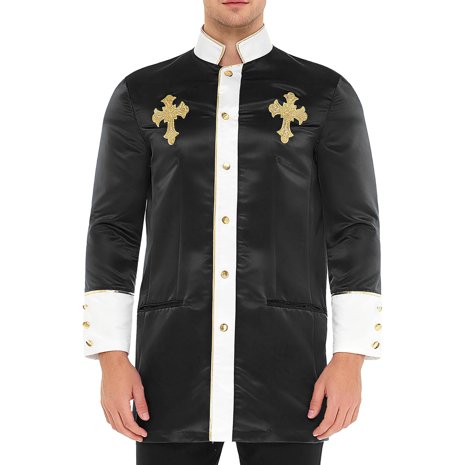 

Men Clergy Priest Father Church Costumes Jackets with Cross Embroidery Long Sleeve Button-down Shirts for Carnival Theme Party