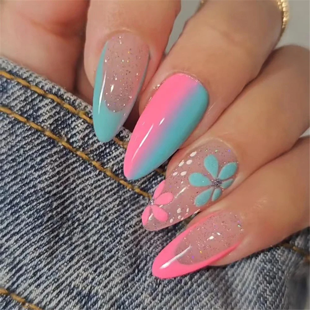 

Fashion Gradient Colorful Manicure French Almond Fake Nail Tips with Designs Cute Small Flowers False Nails Set Press On Nails