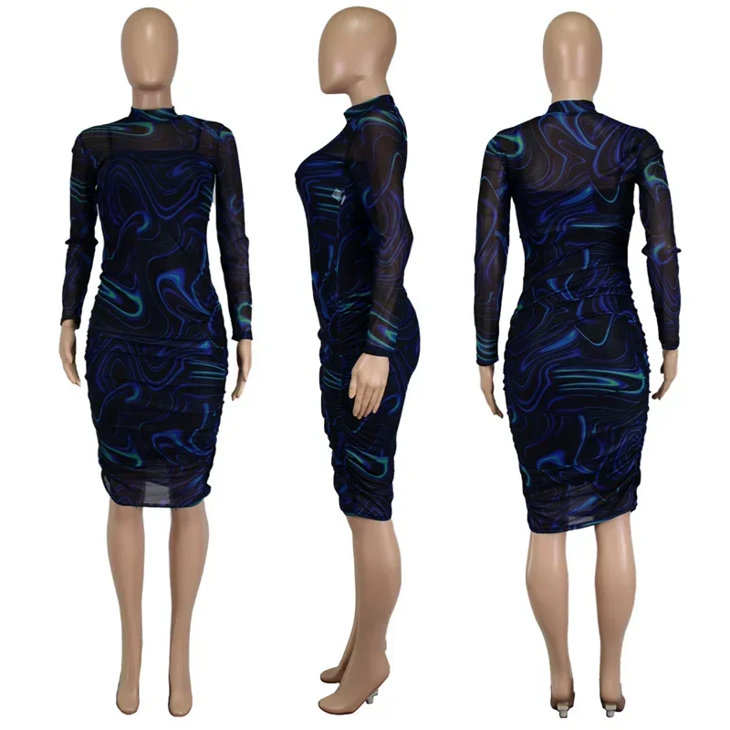 Sexy Mesh See Through Party Midi Dresses for Women Elegant Night Club Print Long Sleeve Bodycon Dress Sets Womens 2-częściowy strój